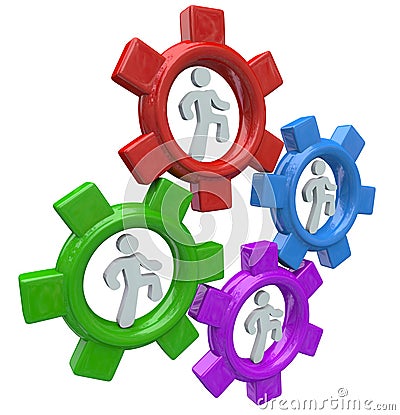 People Running in Gears to Power Teamwork and Progress Stock Photo