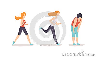 People Running and Jogging Doing Sport and Physical Exercise Training Body and Muscle Vector Set Vector Illustration