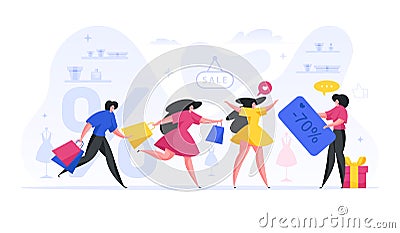 People running for sale of designer items vector flat concept. Group women with bags are in hurry to catch huge discount Vector Illustration