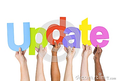 People's Arms Raised Holding Word Update Stock Photo