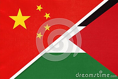 People`s Republic of China or PRC vs Palestine national flag from textile. Relationship between two asian countries Stock Photo
