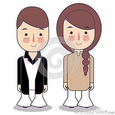 People in 1970s style clothes, cartoon style vector illustration isolated on white background. Men and women in 60s, 70s Vector Illustration