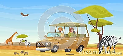 People safari tour in African savanna wild landscape Vector Illustration