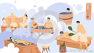 People in sauna, men and women cartoon characters bathing in spa resort, vector illustration Vector Illustration