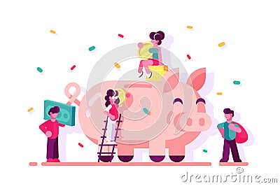 People saving money in piggy bank Cartoon Illustration