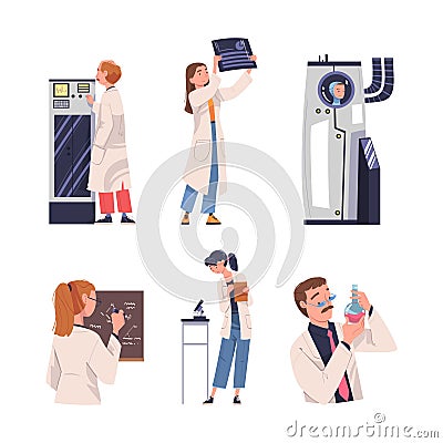 People Scientist Character Working in Laboratory Engaged in Research Vector Set Vector Illustration
