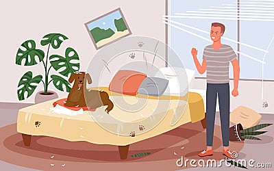 People scold dog behavior problem, angry man scolding doggy for messy chaos in bedroom Vector Illustration