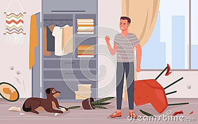 People scold dog pet behavior problem vector illustration. Cartoon young angry man character scolding doggy for messy Vector Illustration