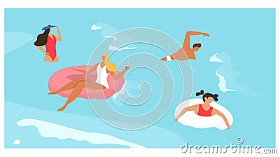 People in sea summer vacation, woman man girl character swim in ocean, vector illustration. Cartoon swimmer in water Vector Illustration