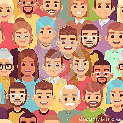 People seamless pattern. Multi ethnic men and women. African, european and asian humans, multicultural crowd, vector Vector Illustration