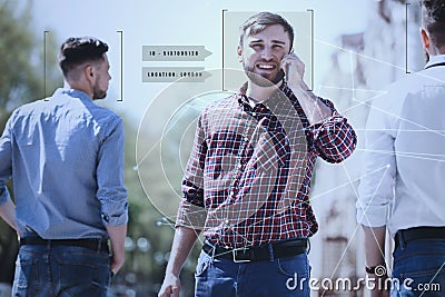 People search by facial recognition. Man with scanner frame on face and his private information Stock Photo