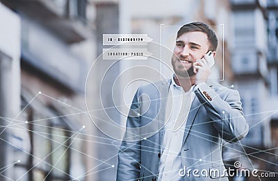 People search by facial recognition. Man with scanner frame on face and his private information Stock Photo