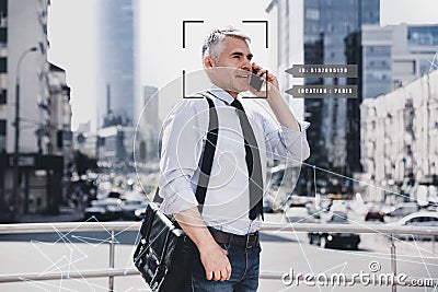 People search by facial recognition. Man with scanner frame on face and his private information Stock Photo