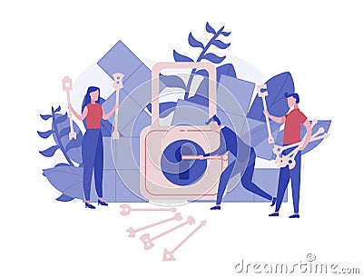 People searching for solution, key to unlocking the task. Vector concept of teamwork, collaboration and business problem Vector Illustration