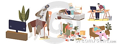 People with sedentary lifestyle and bad habits sleep at tv, eat fastfood, addicted with social media Vector Illustration