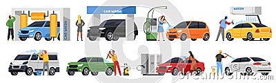 People in self car wash service. Cartoon persons clean, dry and vacuum brushing, pour foam on vehicles, drivers care Vector Illustration