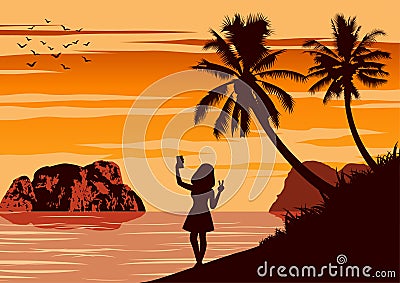 Nature scene of sea in summer woman hold smartphone to selfie herself Vector Illustration
