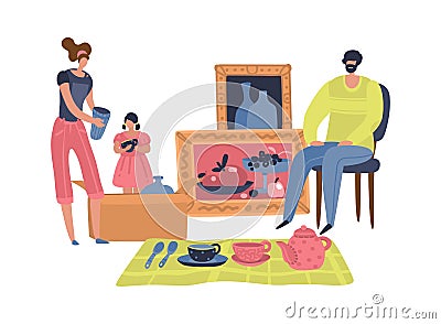 People selling second hand retro goods. Family sell or swap tableware, paintings, vintage furniture. Cheap garage sale Vector Illustration
