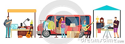 People selling, shopping second hand clothes, vintage goods in mini tracks at flea market. Bazaar with retro things Vector Illustration