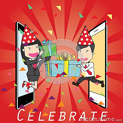 people sending gift box to changing by app Vector Illustration