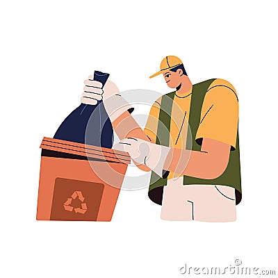 People separate, sorting, segregate trash. Cleaner collect pack with waste from garbage container, dumpster. Care about Vector Illustration