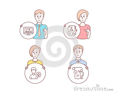 Algorithm, Online video and Person idea icons. Manual doc sign. Project, Video exam, Lamp energy. Project info. Vector Vector Illustration