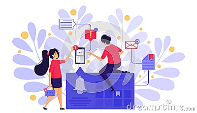 People Set Bell Notifications or Ringing Bell Alarms to Send Messages And Set Schedules With Bookmark in Calendar. Character Conce Vector Illustration