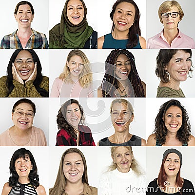 People Set of Diversity Women with Smiling Face Expression Studio Collage Stock Photo