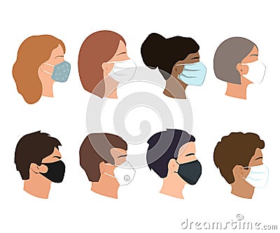 People set faces with medical masks. Coronavirus prevention concept. Different gender, ethnicity, and color woman and Vector Illustration