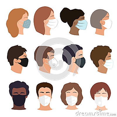 People set faces with medical masks. Coronavirus prevention concept. Different gender, ethnicity, and color woman and Vector Illustration