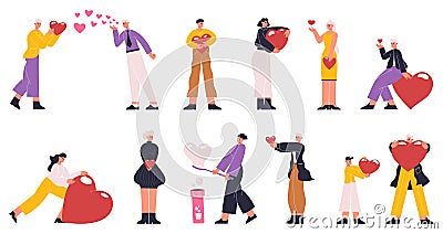 People share love, donating, care, valentines day concept. Characters carrying hearts, love massages or philanthropy Vector Illustration