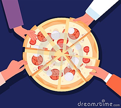 People sharing pizza. Child eat, girls eating in restaurant. Family lunch, cartoon hands touch fast food slices Vector Illustration