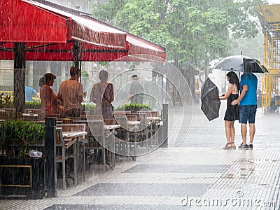 People in heavy rain in city centre of Buenos Aires, Argentina Editorial Stock Photo
