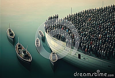 People on ships and boats. evacuation from the ship illustration. AI generative Cartoon Illustration