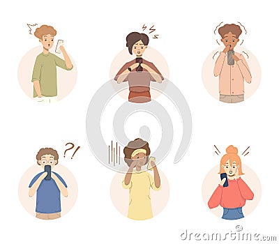 Portrait of different people in shock and surprised holding and looking at smartphone set. Vector Illustration