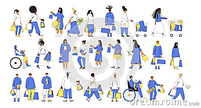 People with shopping bags. Women and men. Male and female characters standing and holding their purchases Vector Illustration