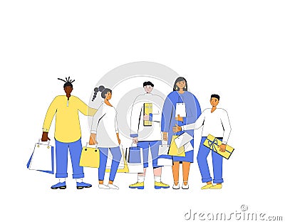 People with shopping bags. Women and men standing with their new goods Vector Illustration