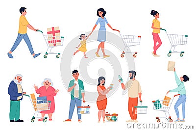 People with shopping carts. Happy buyers with supermarket baskets, sales and discounts season, black Friday in store Vector Illustration