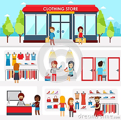 People shopping in the clothing store. Shop Interior. Colorful vector illustration design, infographic elements, banners Vector Illustration