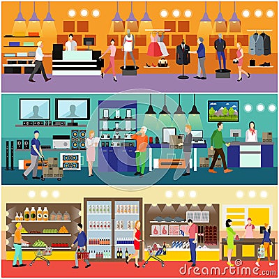 People shopping in a mall concept. Consumer electronics store Interior. Colorful vector illustration. Vector Illustration