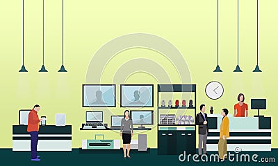 People shopping in a mall. Poster concept. Consumer electronics store Interior. Colorful vector illustration. Vector Illustration