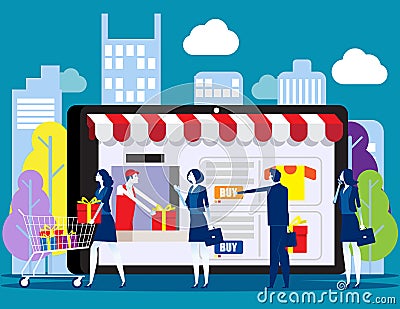 People shoping online. Concept with happy customers buying and making pay ments with smarthphones, E-commerce advertising vector Vector Illustration