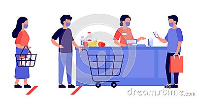 People shopping, queue. Contactless mobile payment for purchases. Social distancing and protective masks. Checkout, supermarket Vector Illustration