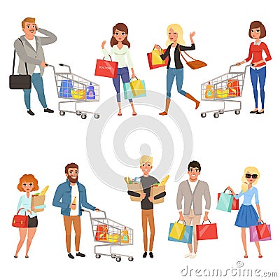 People shopping set. Flat cartoon characters in supermarket with shopping carts and paper bags with food. Vector Vector Illustration