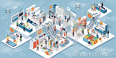 People shopping together at the supermarket and augmented reality Vector Illustration