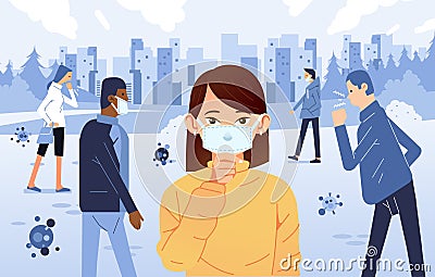People sick and cough in the public, wearing mask for prevention of virus spreading vector illustration Vector Illustration