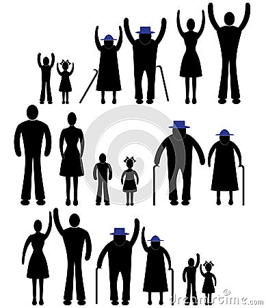 People silhouette family icon. Person vector woman, man. Child, grandfather, grandmother generation illustration. Vector Illustration