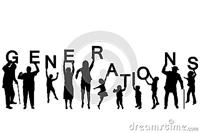 People silhouettes of different ages holding the letters of the Vector Illustration