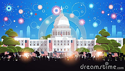 People silhouettes holding american flags near white house building USA presidential inauguration day celebration Vector Illustration