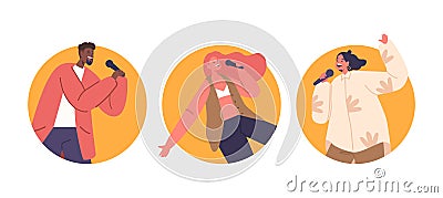 People Sing Karaoke Isolated Round Icons Or Avatars. Male And Female Characters Belting Out Favorite Songs Vector Illustration